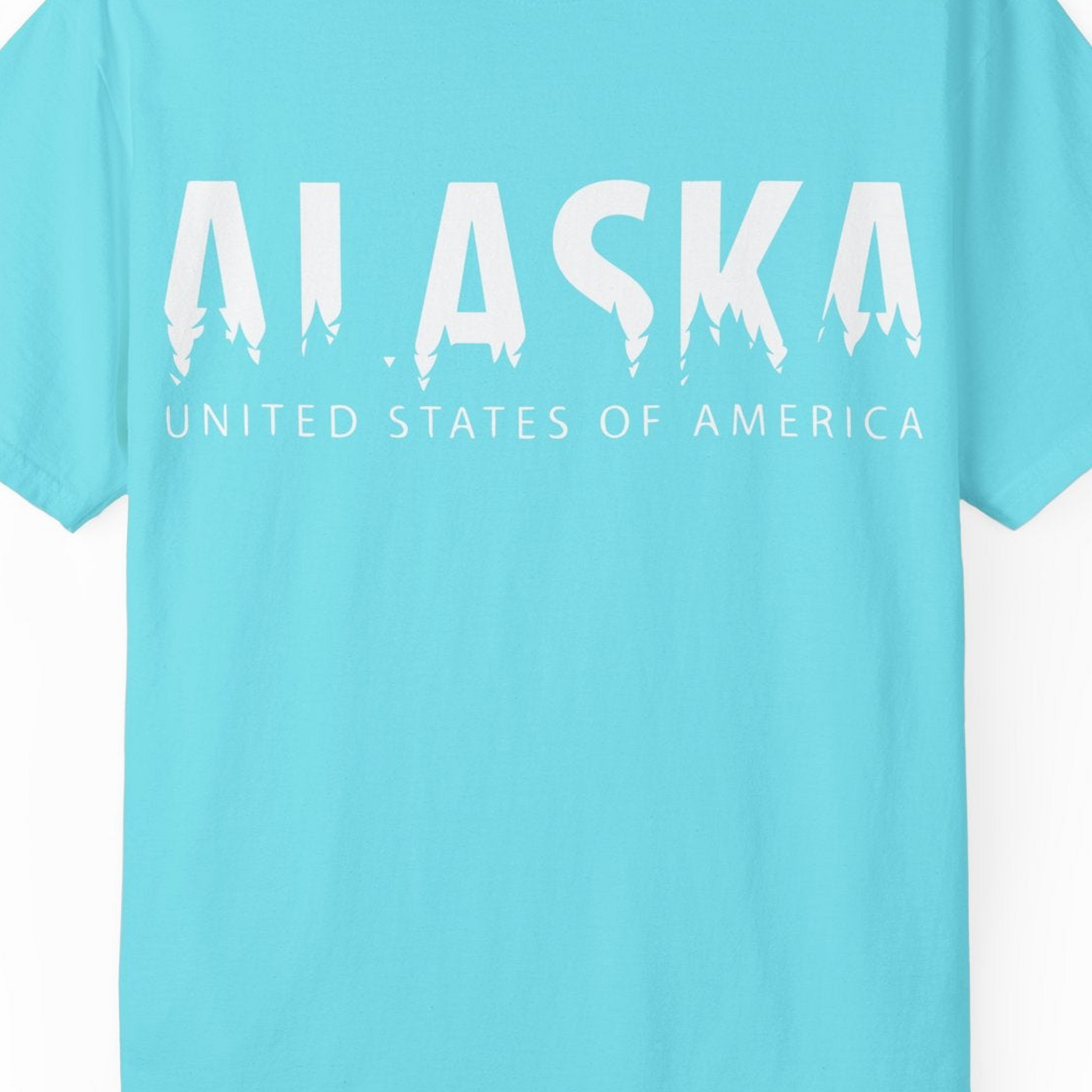 Alaska United States Typography Shirt Comfort Colors T-Shirt – Lagoon Blue – Alaska Cruise Shirts Close Up