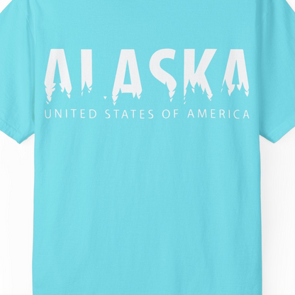 Alaska United States Typography Shirt Comfort Colors T-Shirt – Lagoon Blue – Alaska Cruise Shirts Close Up
