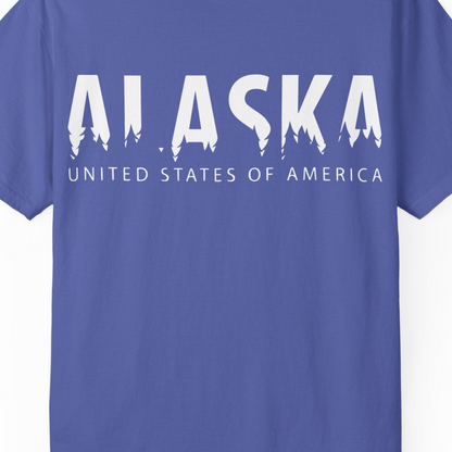 Alaska United States Typography Shirt Comfort Colors T-Shirt – Periwinkle – Alaska Cruise Shirts Close Up