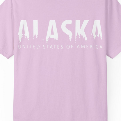 Alaska United States Typography Shirt Comfort Colors T-Shirt – Orchid – Alaska Cruise Shirts Close Up