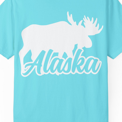 Alaska Moose Wildlife Silhouette Shirt Comfort Colors T-Shirt – Lagoon Blue – Alaska Cruise Shirts Close Up