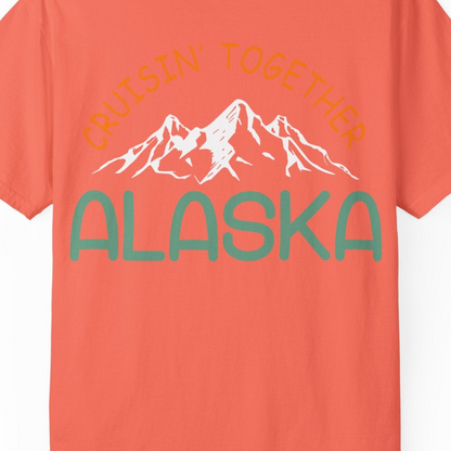 Cruisin Together Alaska Mountain Adventure Cruise Graphic Shirt — Comfort Comfort Colors T-Shirt – Bright Salmon – Alaska Cruise Shirts Close Up