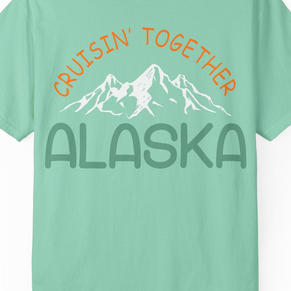 Cruisin Together Alaska Mountain Adventure Cruise Graphic Shirt — Comfort Comfort Colors T-Shirt – Island Reef – Alaska Cruise Shirts Close Up