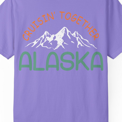 Cruisin Together Alaska Mountain Adventure Cruise Graphic Shirt — Comfort Comfort Colors T-Shirt – Violet – Alaska Cruise Shirts Close Up