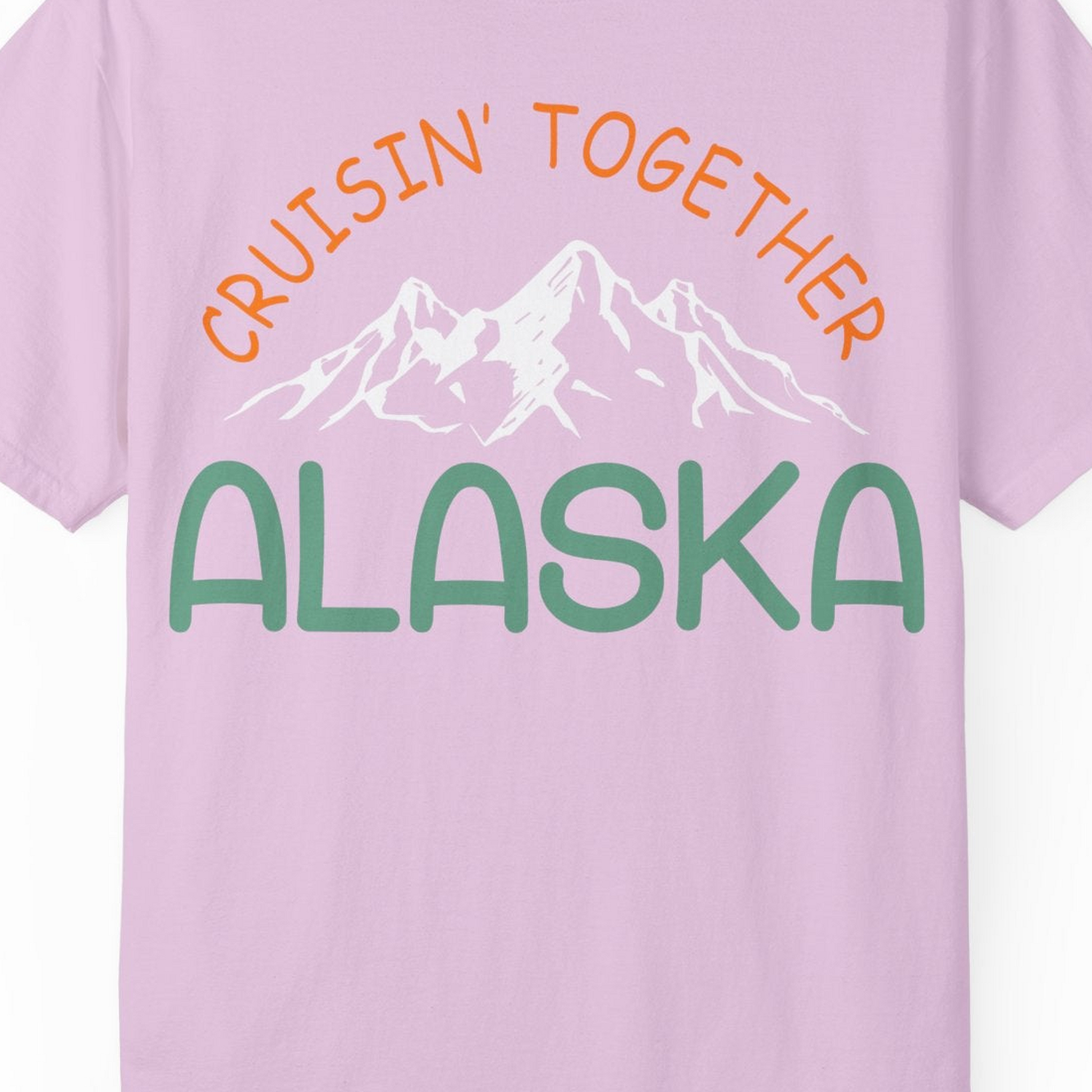 Cruisin Together Alaska Mountain Adventure Cruise Graphic Shirt — Comfort Comfort Colors T-Shirt – Orchid – Alaska Cruise Shirts Close Up