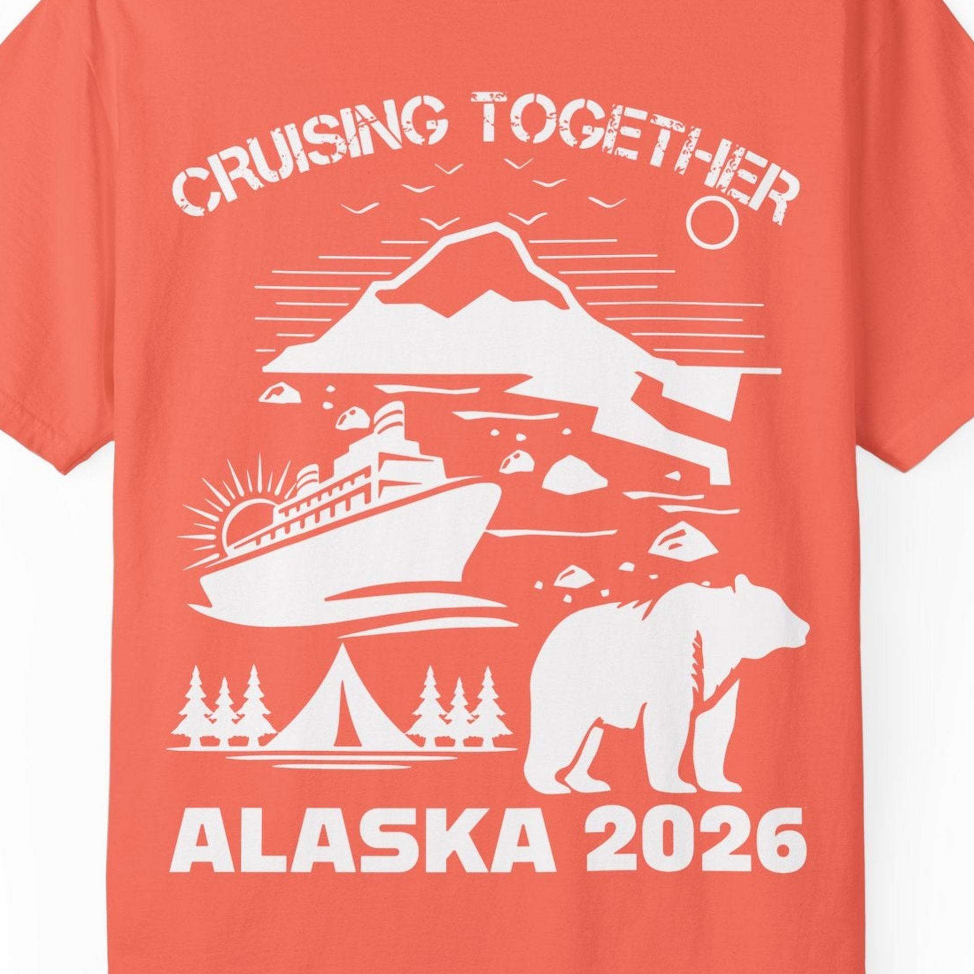 Alaska Cruise 2026 Family Adventure Bear Mountain Nature Shirt — Comfort Comfort Colors T-Shirt – Bright Salmon – Alaska Cruise Shirts Close Up