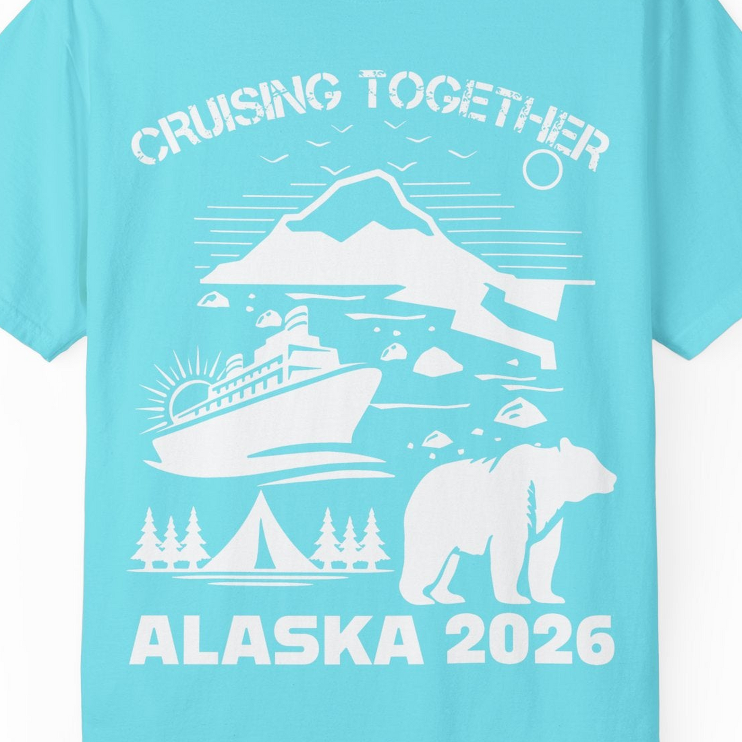 Alaska Cruise 2026 Family Adventure Bear Mountain Nature Shirt — Comfort Comfort Colors T-Shirt – Lagoon Blue – Alaska Cruise Shirts Close Up