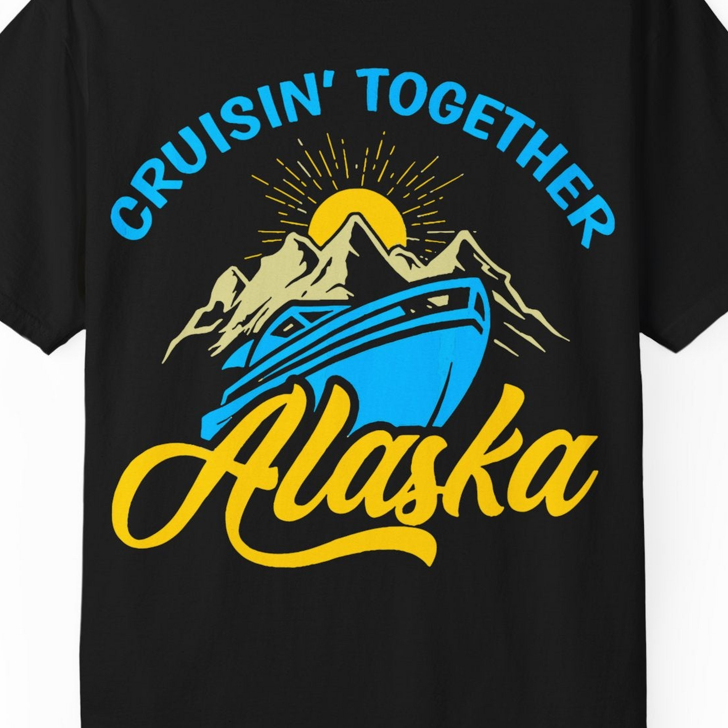 Alaska Cruise Adventure Mountains Sunrise Retro Shirt for Travelers — Comfort Comfort Colors T-Shirt – Black – Alaska Cruise Shirts Close Up