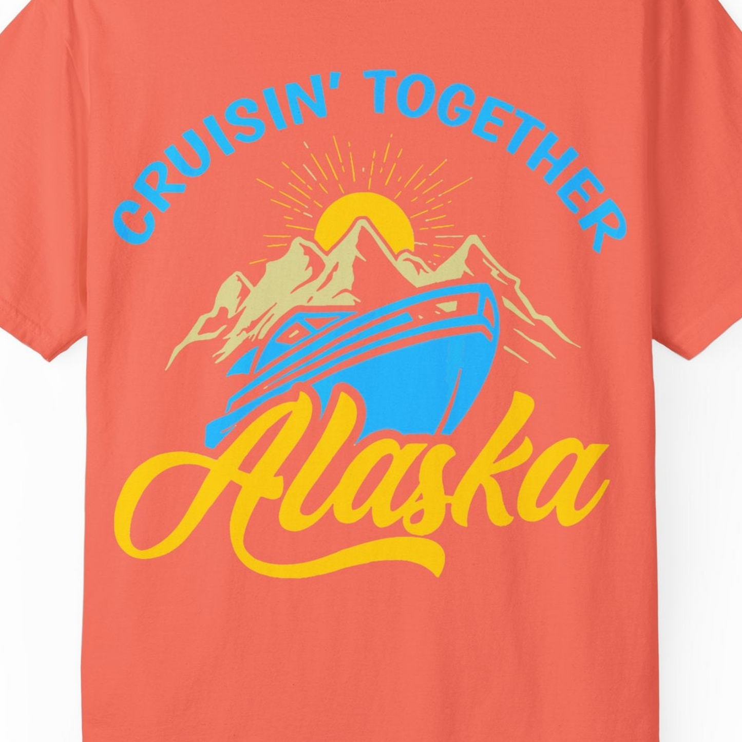 Alaska Cruise Adventure Mountains Sunrise Retro Shirt for Travelers — Comfort Comfort Colors T-Shirt – Bright Salmon – Alaska Cruise Shirts Close Up
