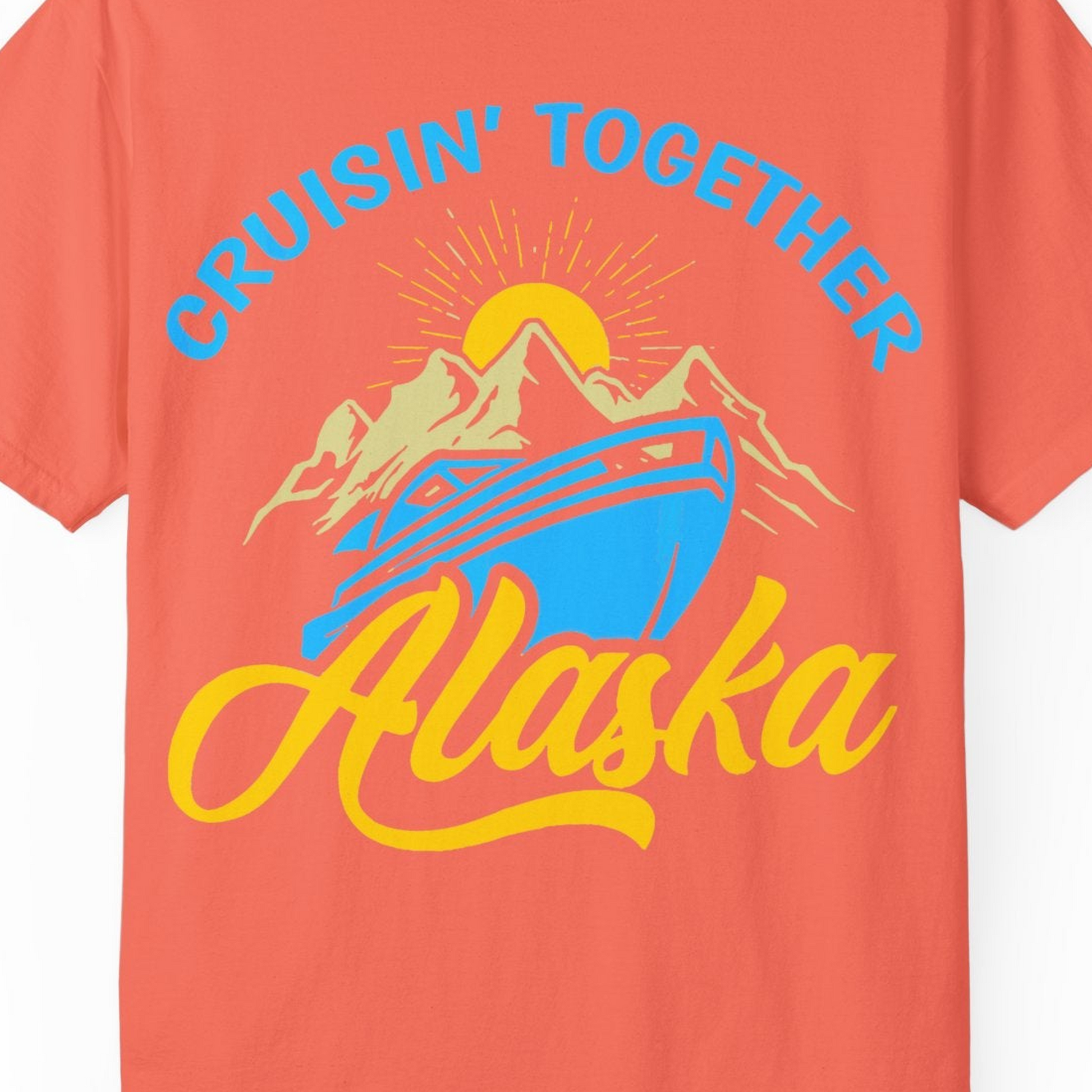 Alaska Cruise Adventure Mountains Sunrise Retro Shirt for Travelers — Comfort Comfort Colors T-Shirt – Bright Salmon – Alaska Cruise Shirts Close Up