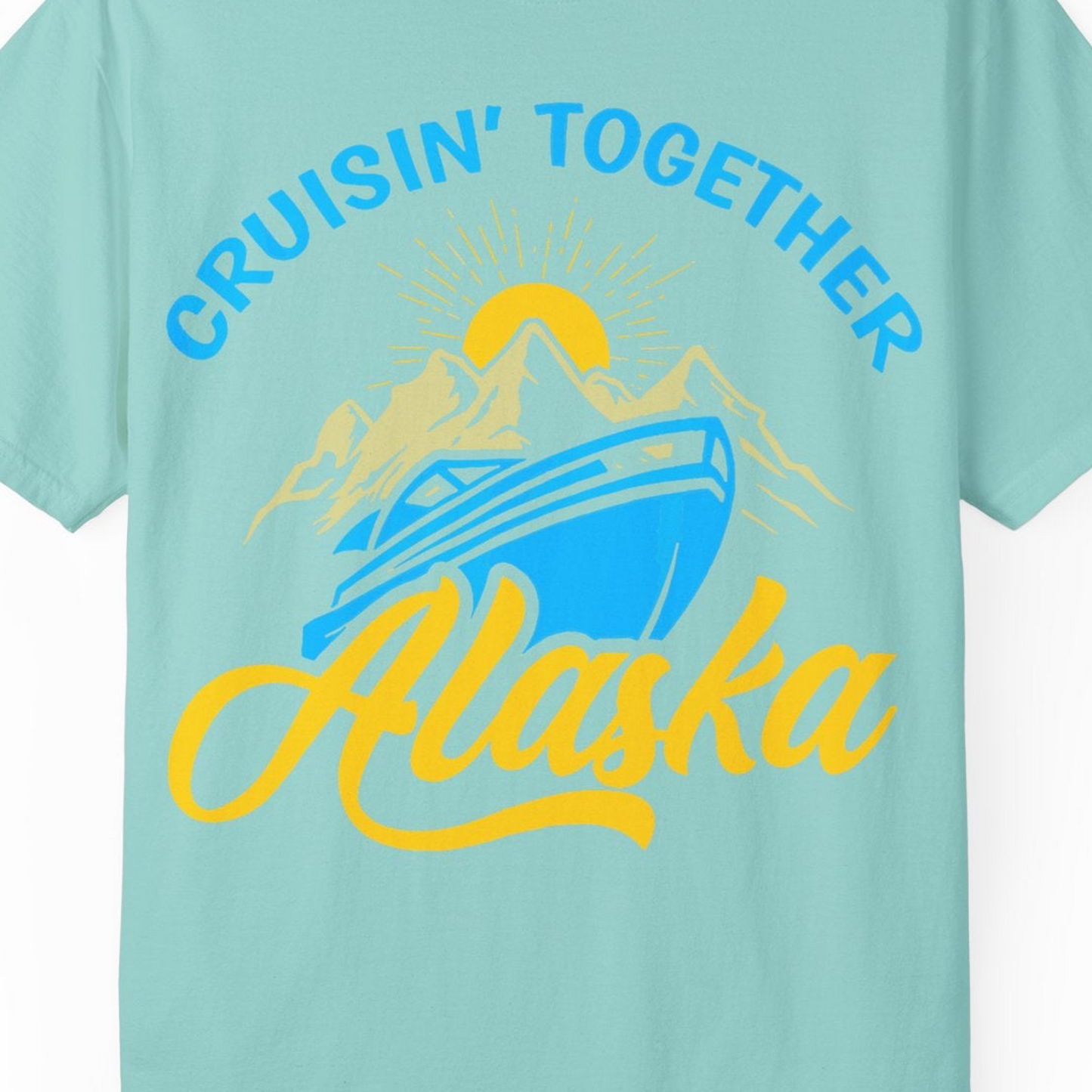 Alaska Cruise Adventure Mountains Sunrise Retro Shirt for Travelers — Comfort Comfort Colors T-Shirt – Chalky Mint – Alaska Cruise Shirts Close Up