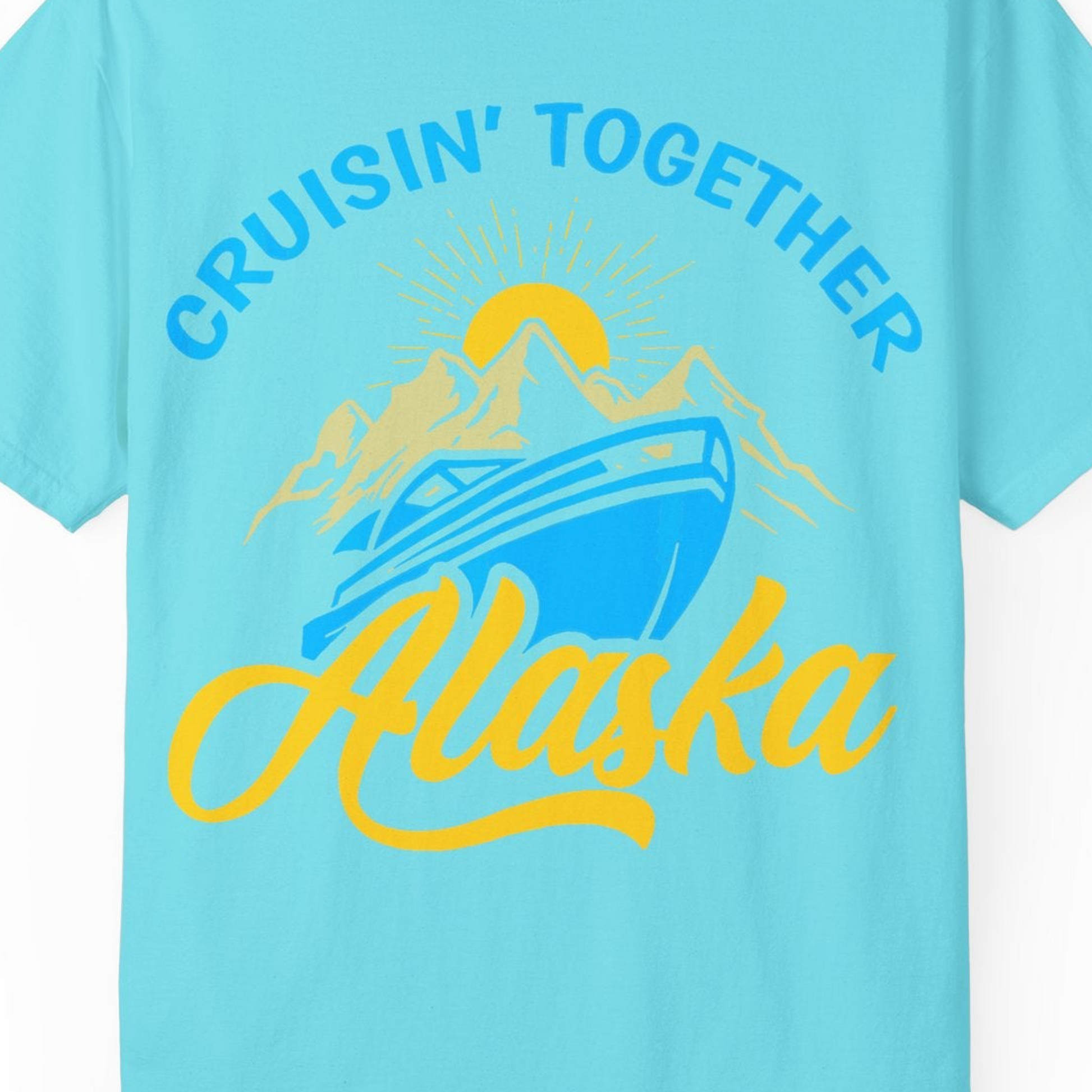 Alaska Cruise Adventure Mountains Sunrise Retro Shirt for Travelers — Comfort Comfort Colors T-Shirt – Lagoon Blue – Alaska Cruise Shirts Close Up