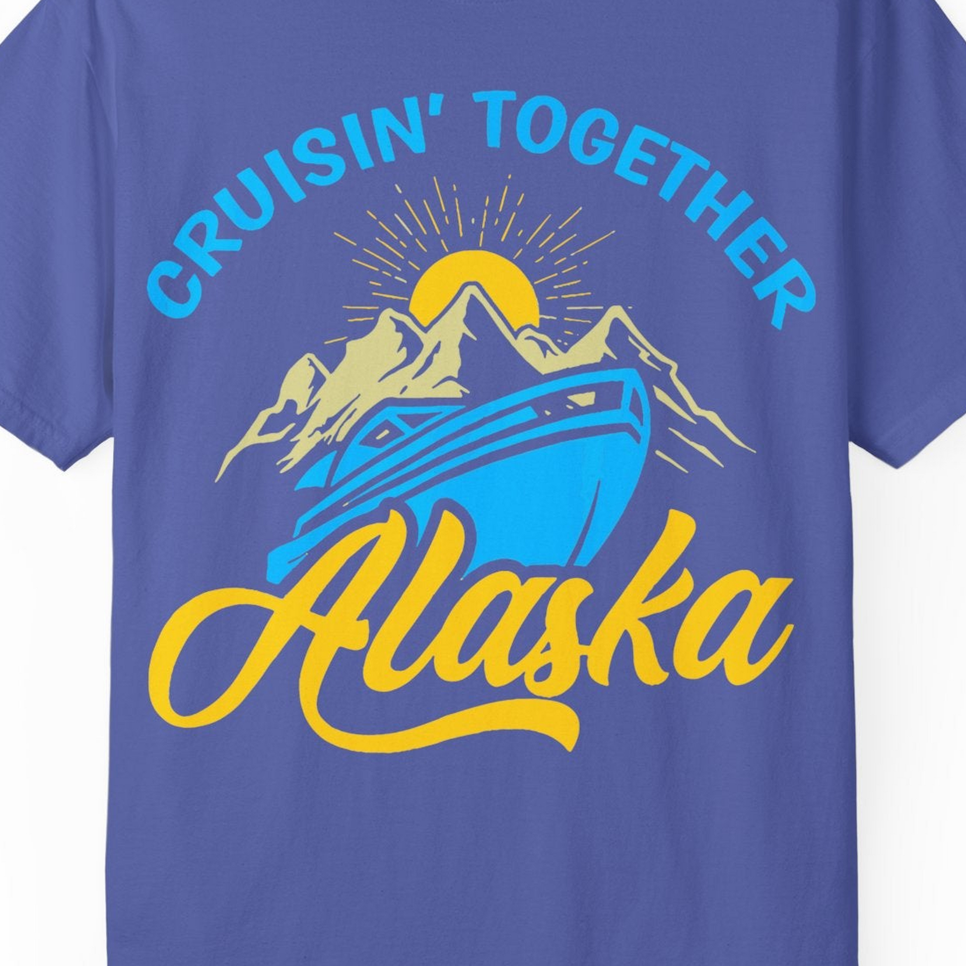 Alaska Cruise Adventure Mountains Sunrise Retro Shirt for Travelers — Comfort Comfort Colors T-Shirt – Periwinkle – Alaska Cruise Shirts Close Up
