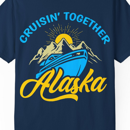 Alaska Cruise Adventure Mountains Sunrise Retro Shirt for Travelers — Comfort Comfort Colors T-Shirt – Navy – Alaska Cruise Shirts Close Up