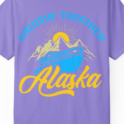 Alaska Cruise Adventure Mountains Sunrise Retro Shirt for Travelers — Comfort Comfort Colors T-Shirt – Violet – Alaska Cruise Shirts Close Up
