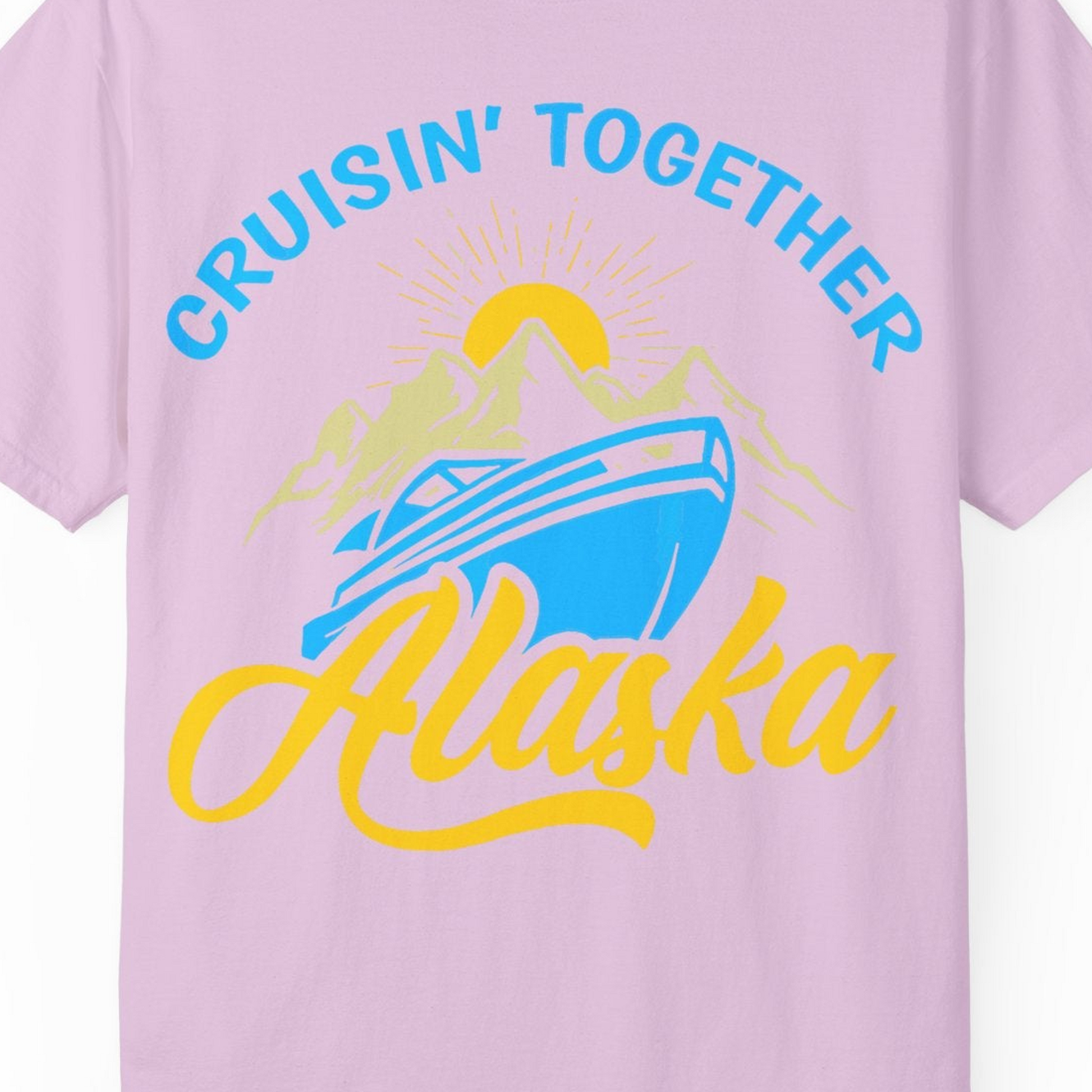 Alaska Cruise Adventure Mountains Sunrise Retro Shirt for Travelers — Comfort Comfort Colors T-Shirt – Orchid – Alaska Cruise Shirts Close Up