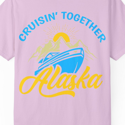 Alaska Cruise Adventure Mountains Sunrise Retro Shirt for Travelers — Comfort Comfort Colors T-Shirt – Orchid – Alaska Cruise Shirts Close Up