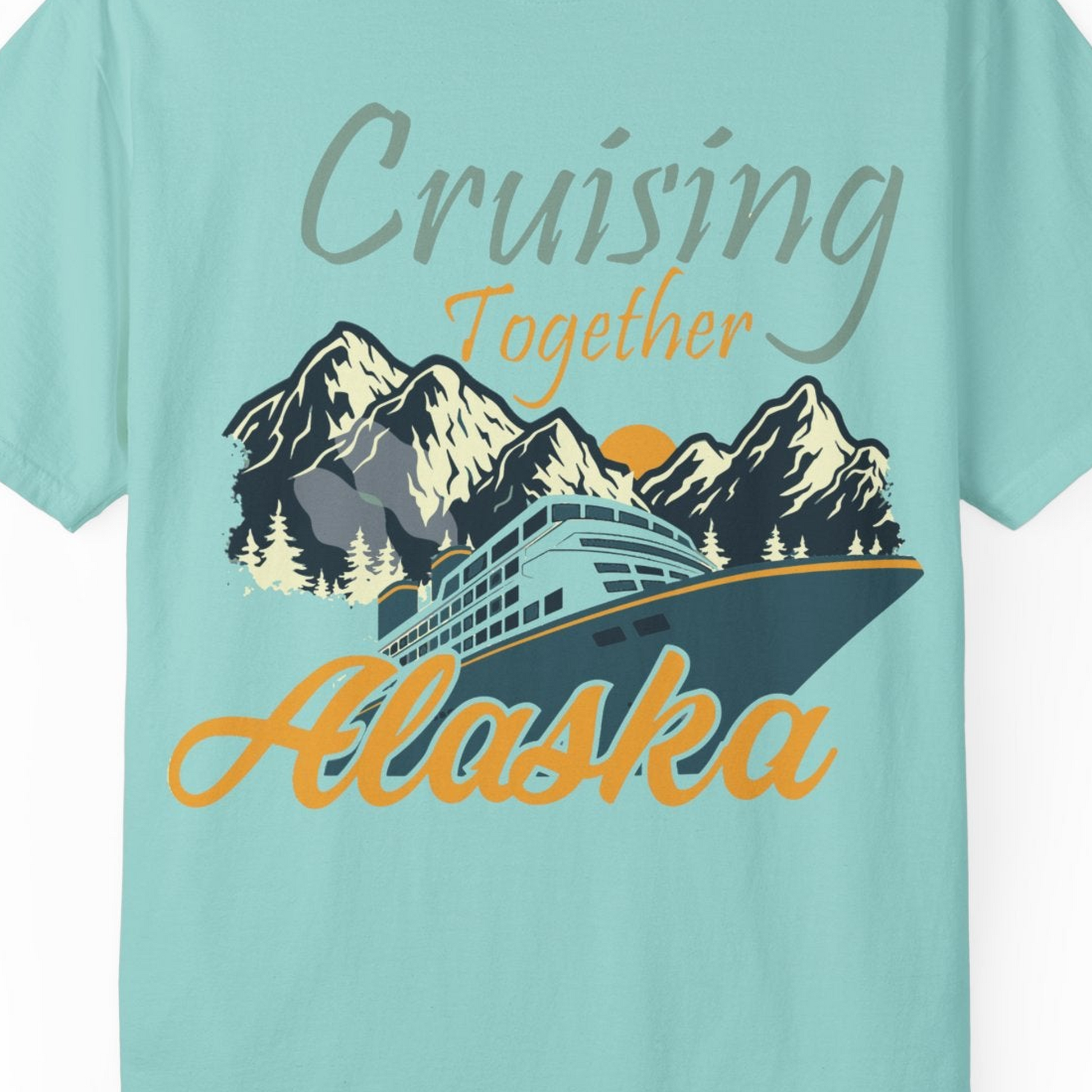 Cruising Together Alaska Mountains Family Alaska Cruise Adventure Shirt — Comfort Comfort Colors T-Shirt – Chalky Mint – Alaska Cruise Shirts Close Up