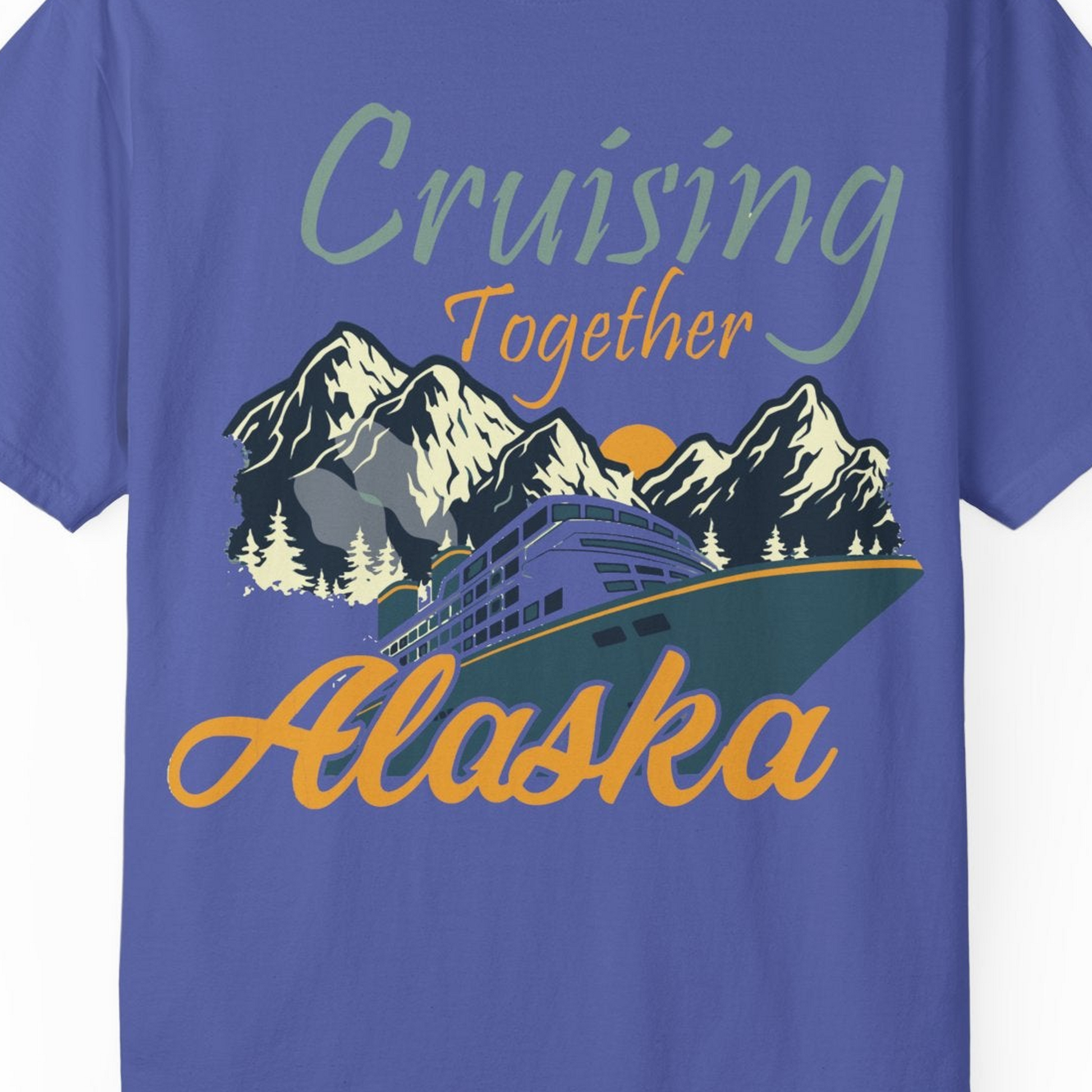 Cruising Together Alaska Mountains Family Alaska Cruise Adventure Shirt — Comfort Comfort Colors T-Shirt – Periwinkle – Alaska Cruise Shirts Close Up