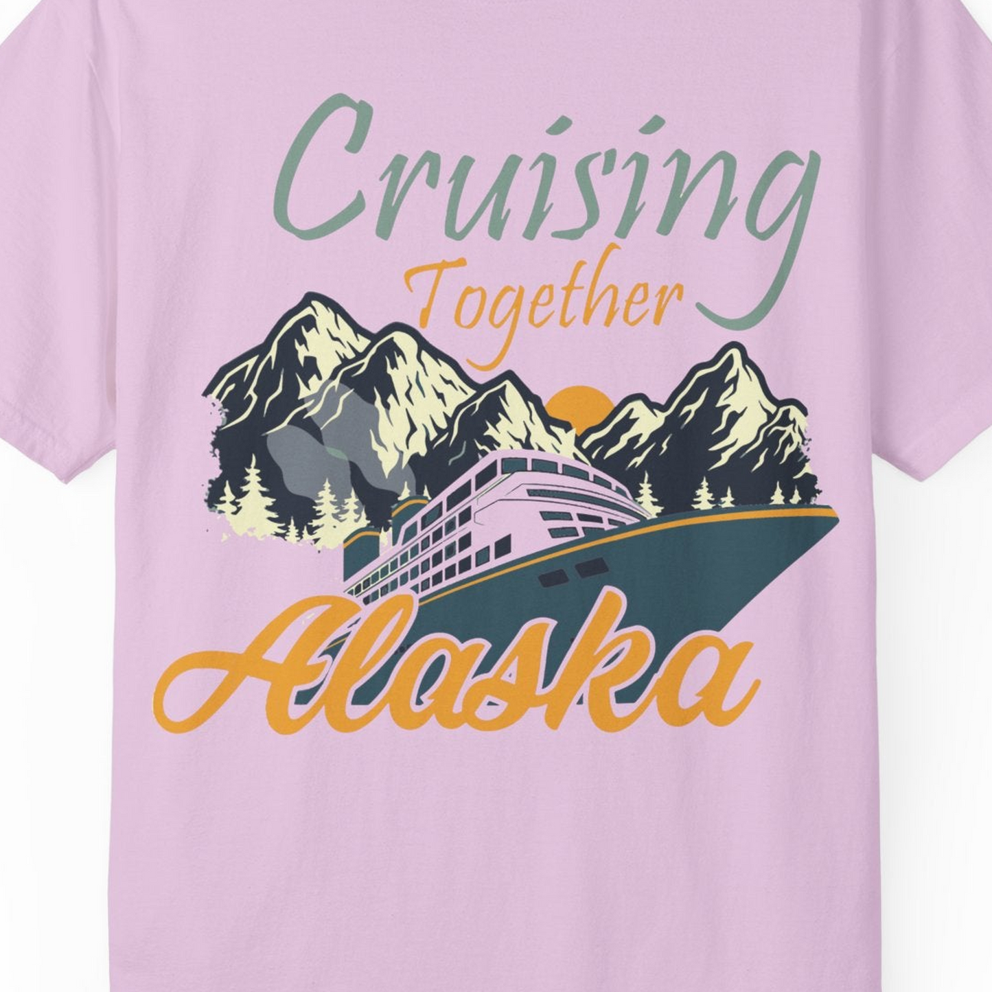 Cruising Together Alaska Mountains Family Alaska Cruise Adventure Shirt — Comfort Comfort Colors T-Shirt – Orchid – Alaska Cruise Shirts Close Up