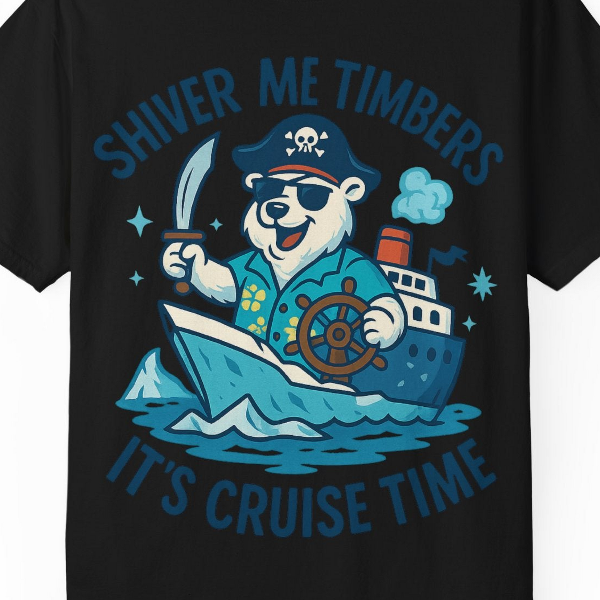 Funny Polar Bear Pirate Cruise Vacation Shirt Comfort Colors T-Shirt – Black – Alaska Cruise Shirts Close Up