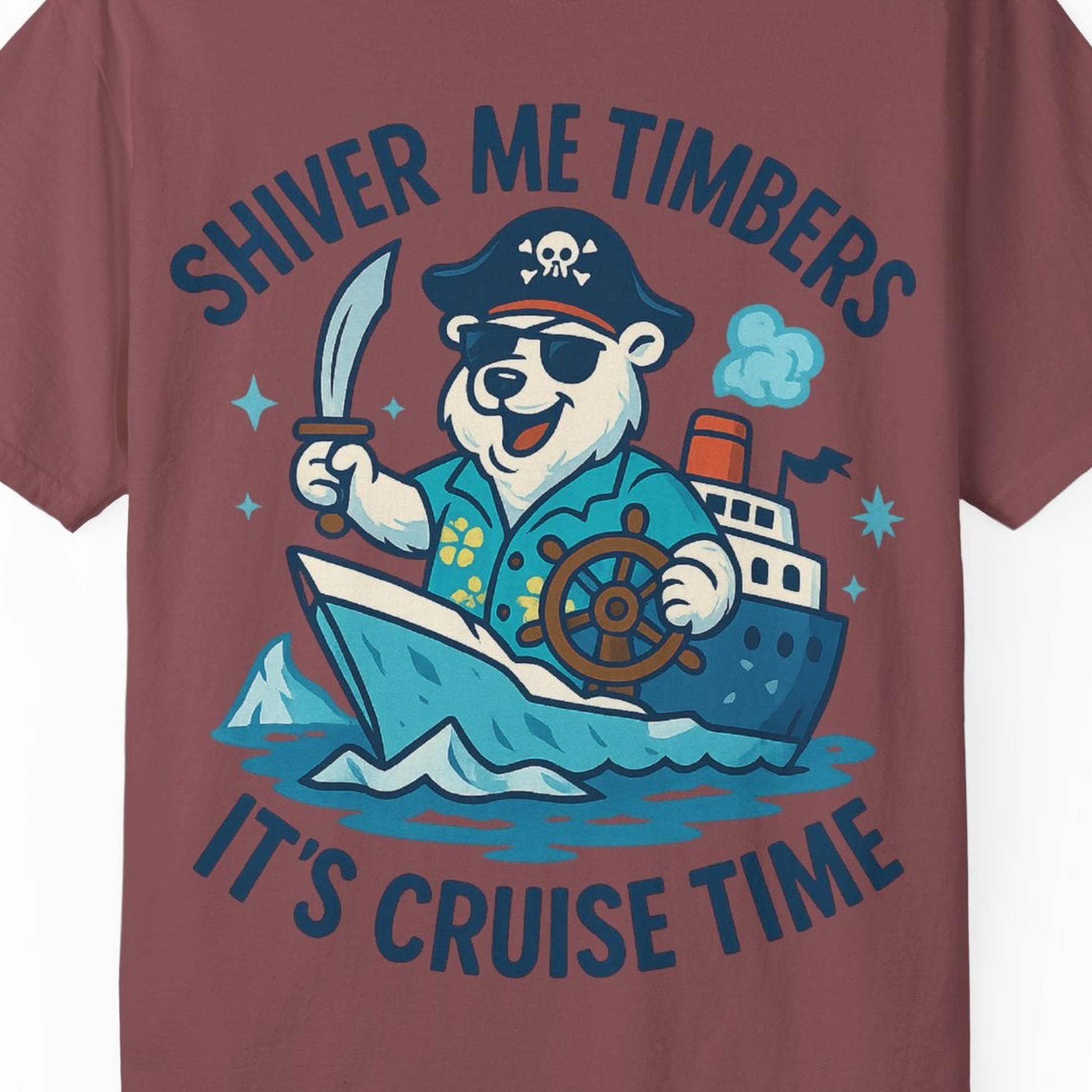Funny Polar Bear Pirate Cruise Vacation Shirt Comfort Colors T-Shirt – Brick – Alaska Cruise Shirts Close Up