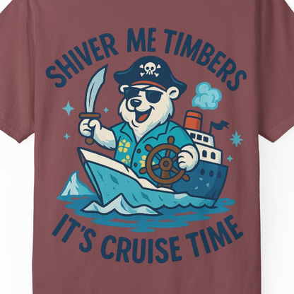 Funny Polar Bear Pirate Cruise Vacation Shirt Comfort Colors T-Shirt – Brick – Alaska Cruise Shirts Close Up
