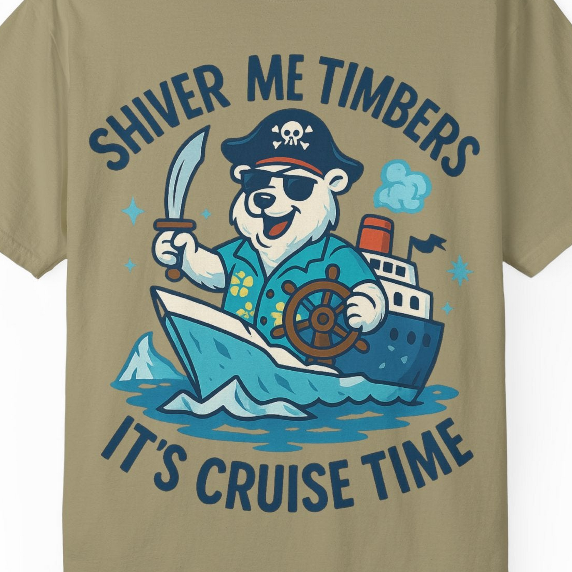 Funny Polar Bear Pirate Cruise Vacation Shirt Comfort Colors T-Shirt – Khaki – Alaska Cruise Shirts Close Up