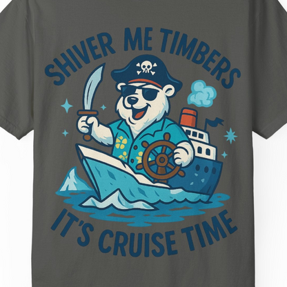 Funny Polar Bear Pirate Cruise Vacation Shirt Comfort Colors T-Shirt – Pepper – Alaska Cruise Shirts Close Up