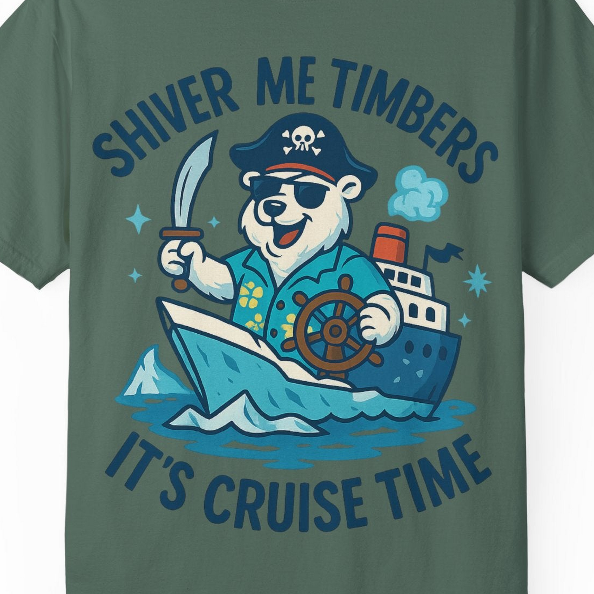 Funny Polar Bear Pirate Cruise Vacation Shirt Comfort Colors T-Shirt – Blue Spruce – Alaska Cruise Shirts Close Up