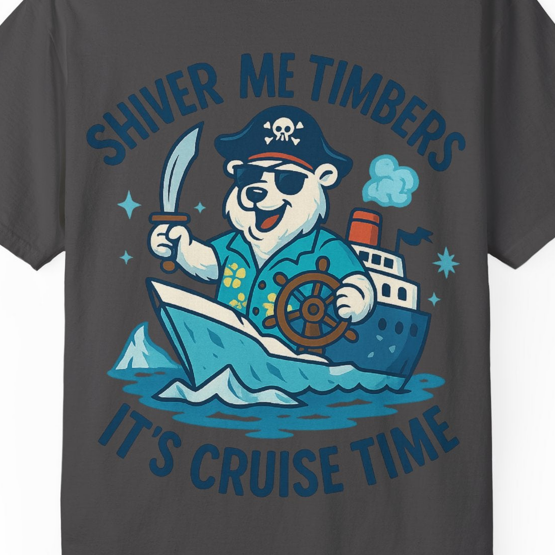 Funny Polar Bear Pirate Cruise Vacation Shirt Comfort Colors T-Shirt – Graphite – Alaska Cruise Shirts Close Up