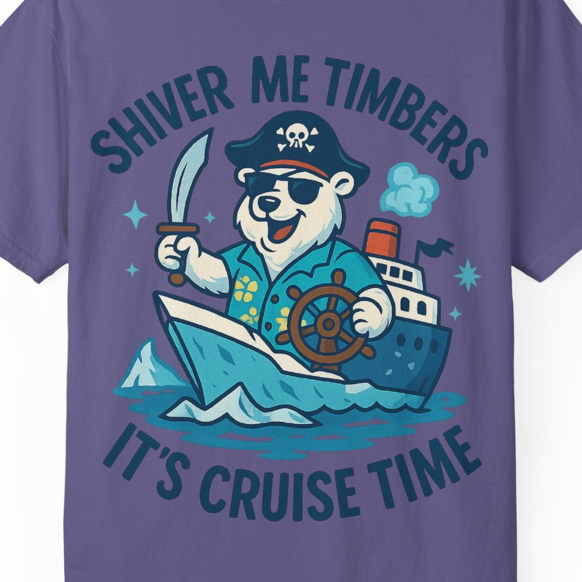 Funny Polar Bear Pirate Cruise Vacation Shirt Comfort Colors T-Shirt – Grape – Alaska Cruise Shirts Close Up