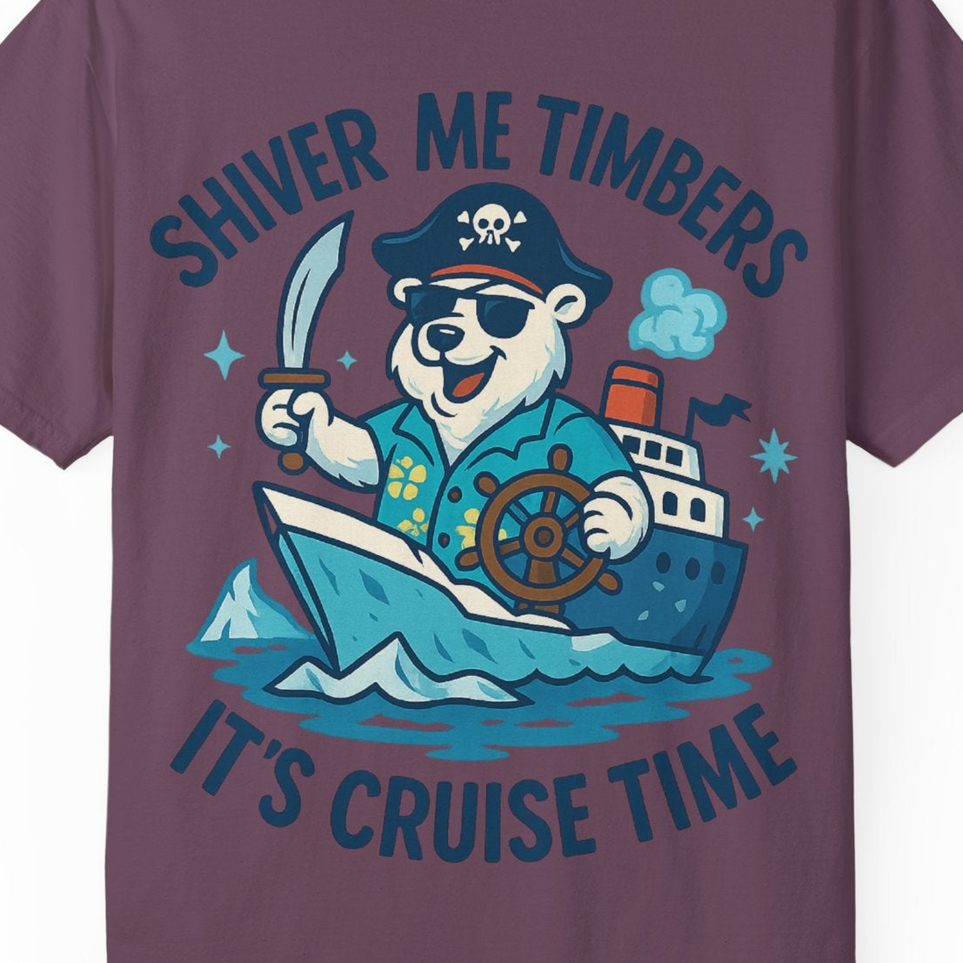 Funny Polar Bear Pirate Cruise Vacation Shirt Comfort Colors T-Shirt – Berry – Alaska Cruise Shirts Close Up
