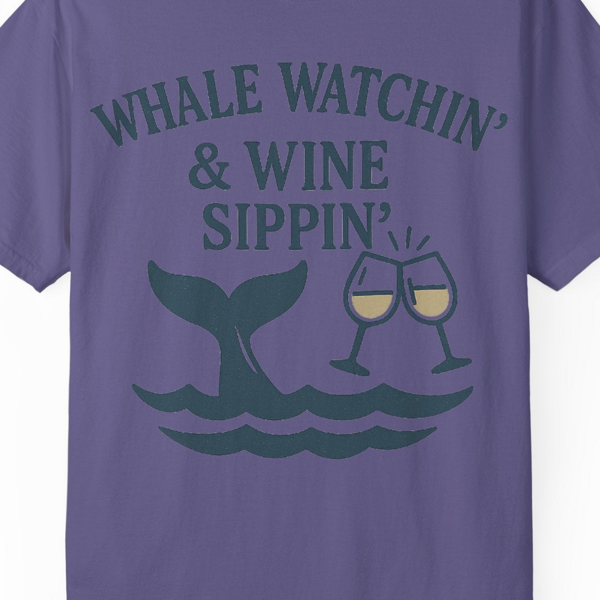 Whale Watching and Wine Sippin Shirt Comfort Colors T-Shirt – Grape – Alaska Cruise Shirts Close Up