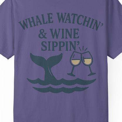 Whale Watching and Wine Sippin Shirt Comfort Colors T-Shirt – Grape – Alaska Cruise Shirts Close Up