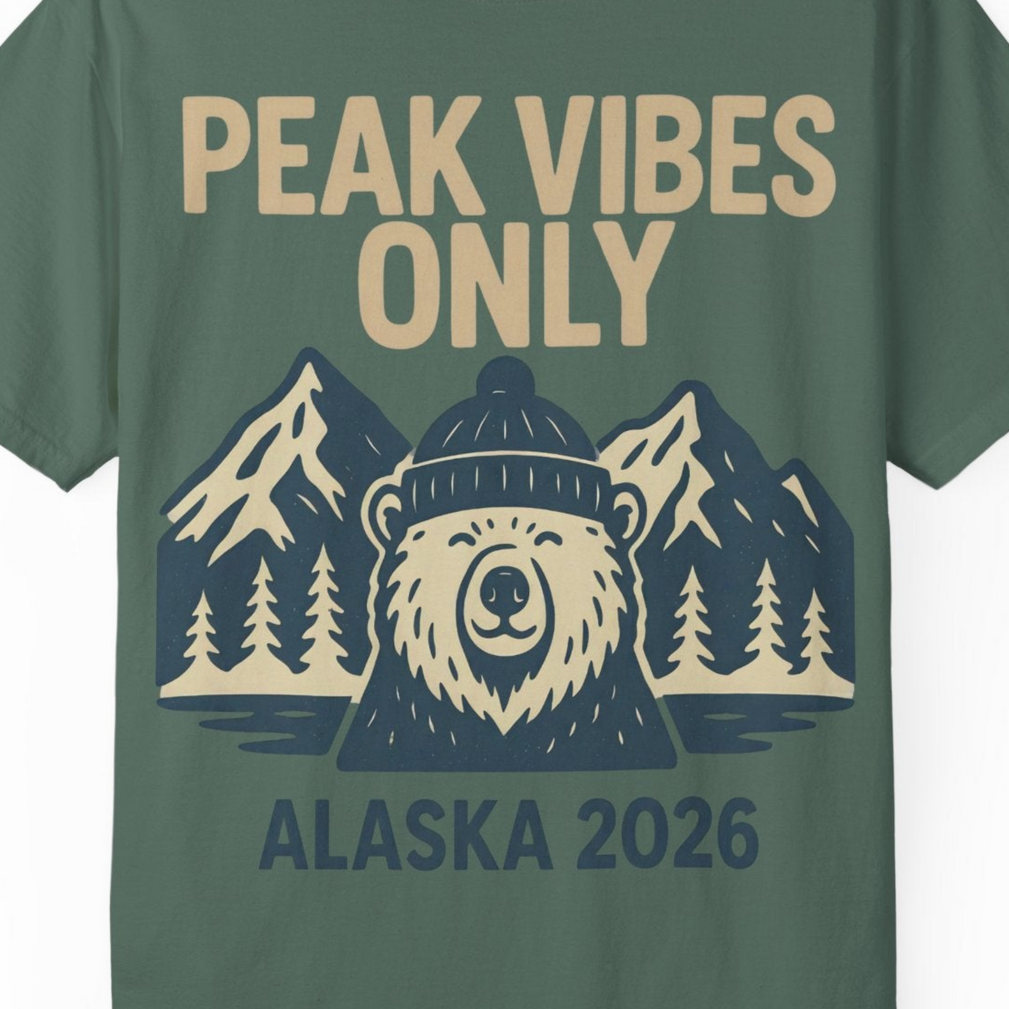 Alaska 2026 Mountain Adventure Bear Comfort Colors T-Shirt – Blue Spruce – Alaska Cruise Shirts Close Up