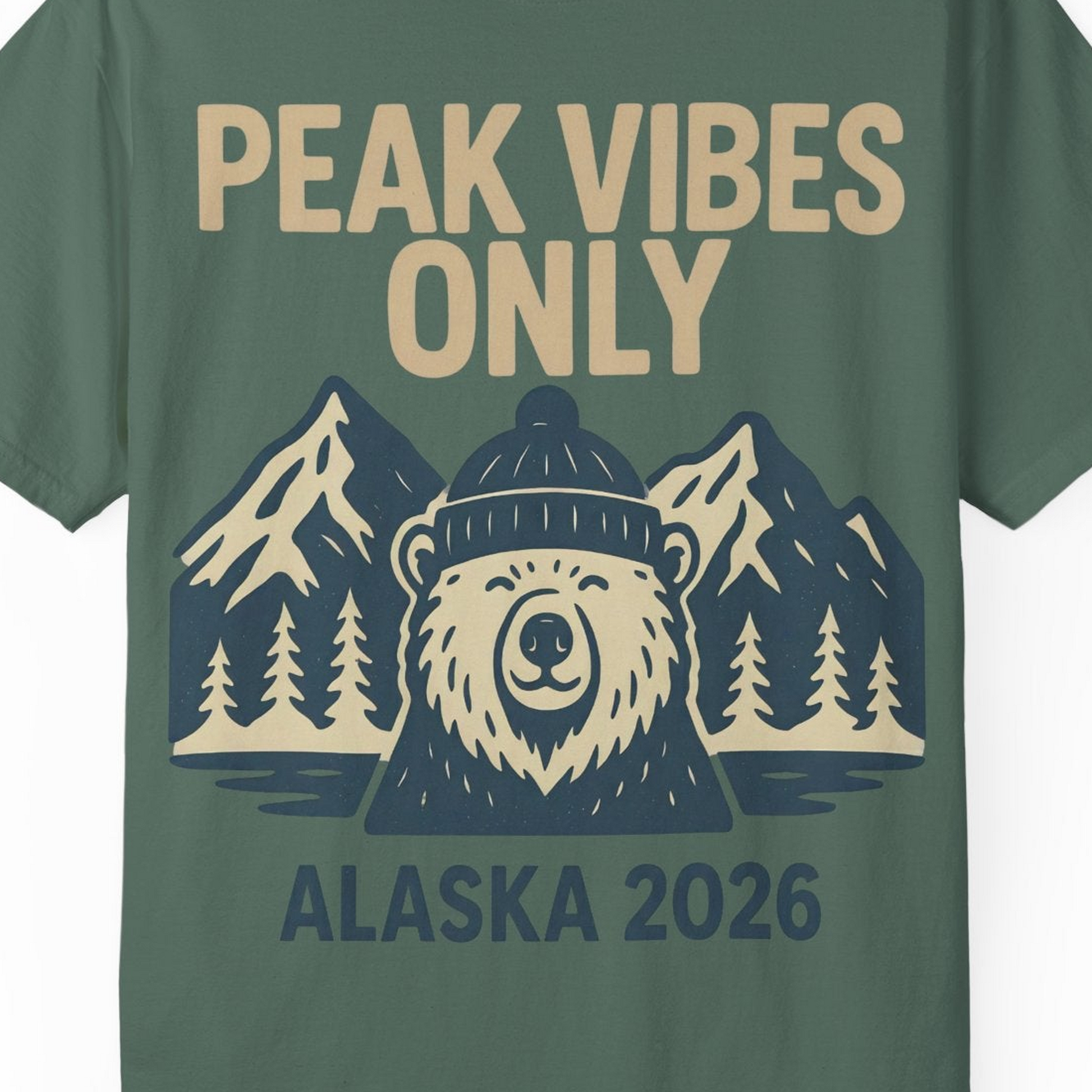 Alaska 2026 Mountain Adventure Bear Comfort Colors T-Shirt – Blue Spruce – Alaska Cruise Shirts Close Up
