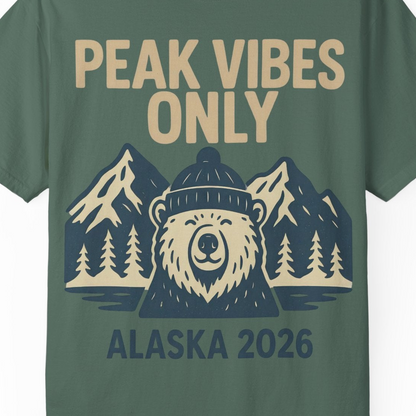 Alaska 2026 Mountain Adventure Bear Comfort Colors T-Shirt – Blue Spruce – Alaska Cruise Shirts Close Up