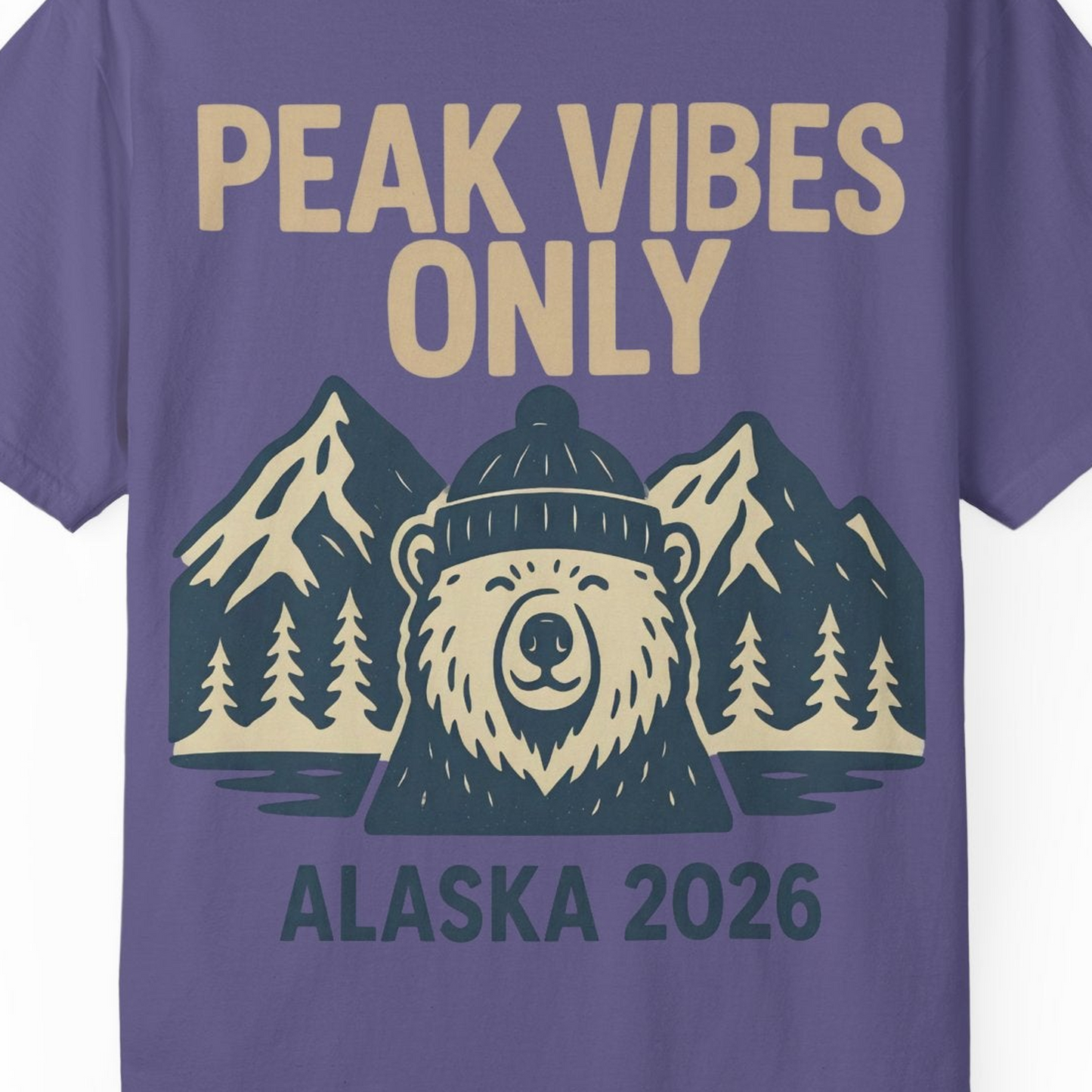 Alaska 2026 Mountain Adventure Bear Comfort Colors T-Shirt – Grape – Alaska Cruise Shirts Close Up