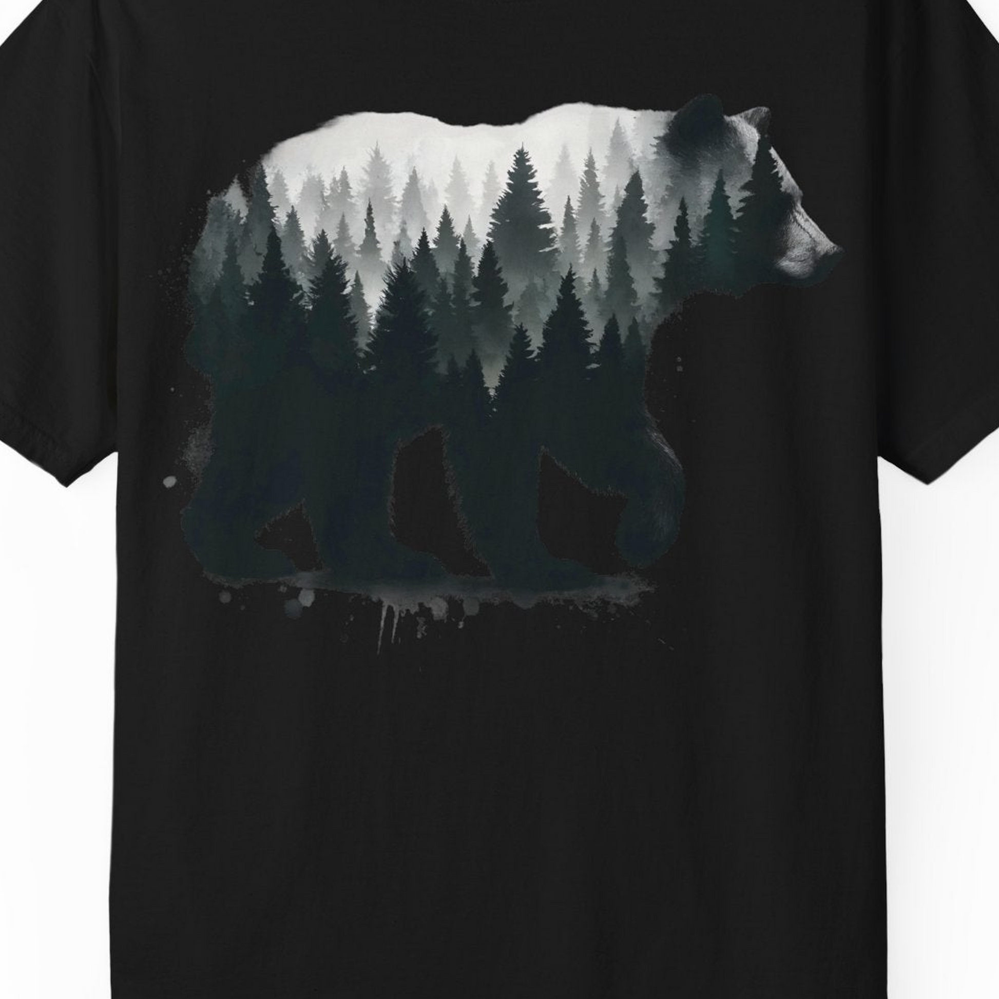 Bear Silhouette Forest Double Exposure Shirt Comfort Colors T-Shirt – Black – Alaska Cruise Shirts Close Up