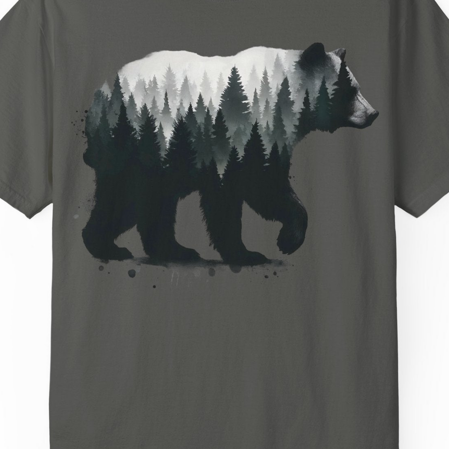 Bear Silhouette Forest Double Exposure Shirt Comfort Colors T-Shirt – Pepper – Alaska Cruise Shirts Close Up