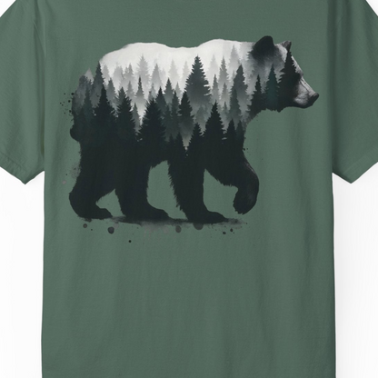 Bear Silhouette Forest Double Exposure Shirt Comfort Colors T-Shirt – Blue Spruce – Alaska Cruise Shirts Close Up