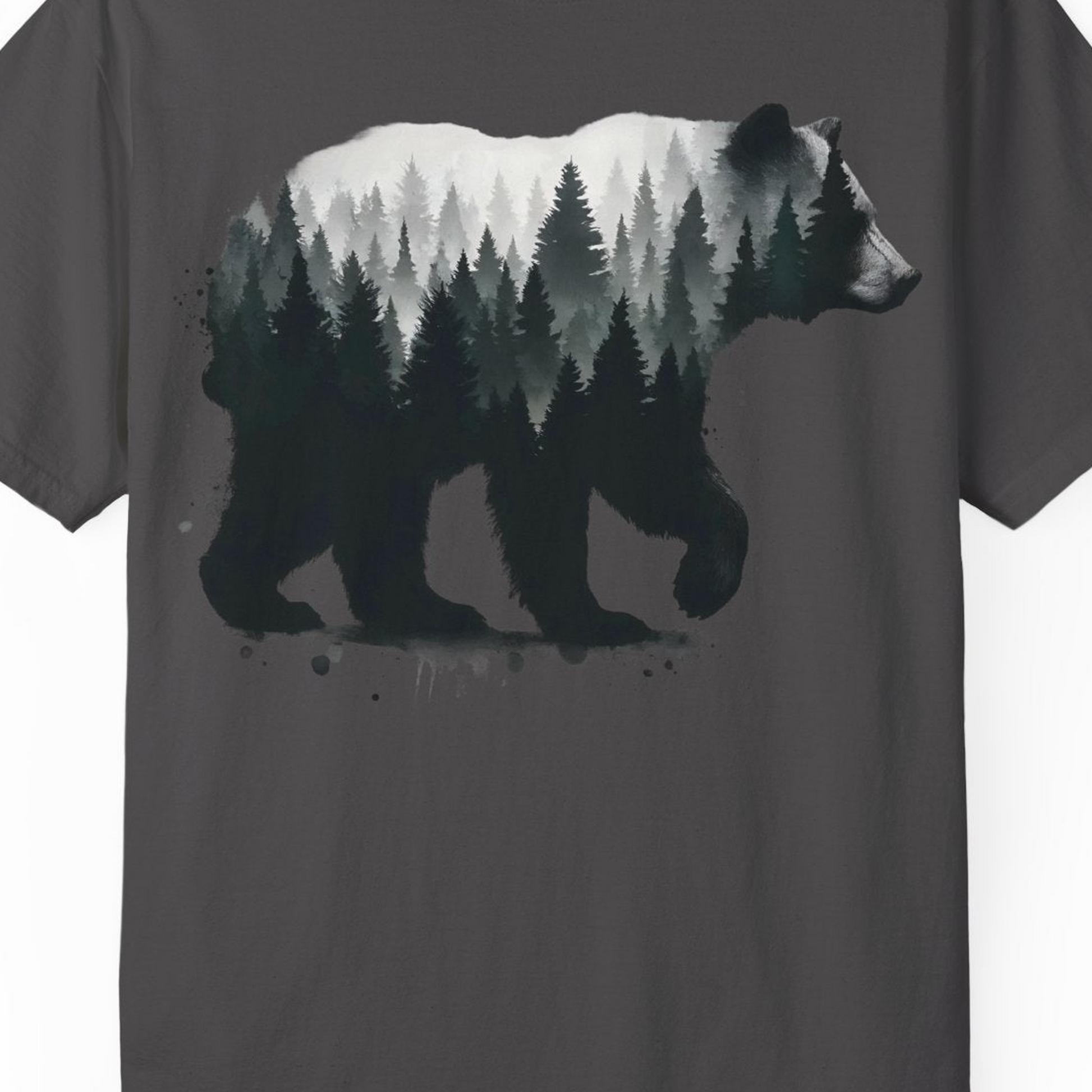 Bear Silhouette Forest Double Exposure Shirt Comfort Colors T-Shirt – Graphite – Alaska Cruise Shirts Close Up