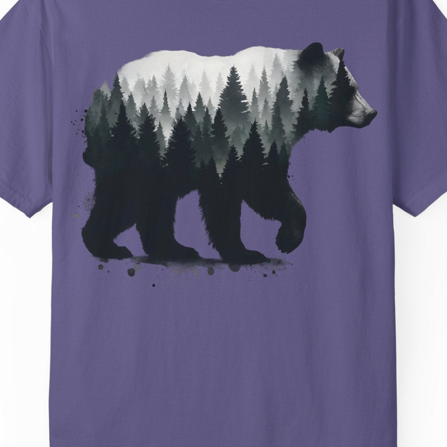Bear Silhouette Forest Double Exposure Shirt Comfort Colors T-Shirt – Grape – Alaska Cruise Shirts Close Up