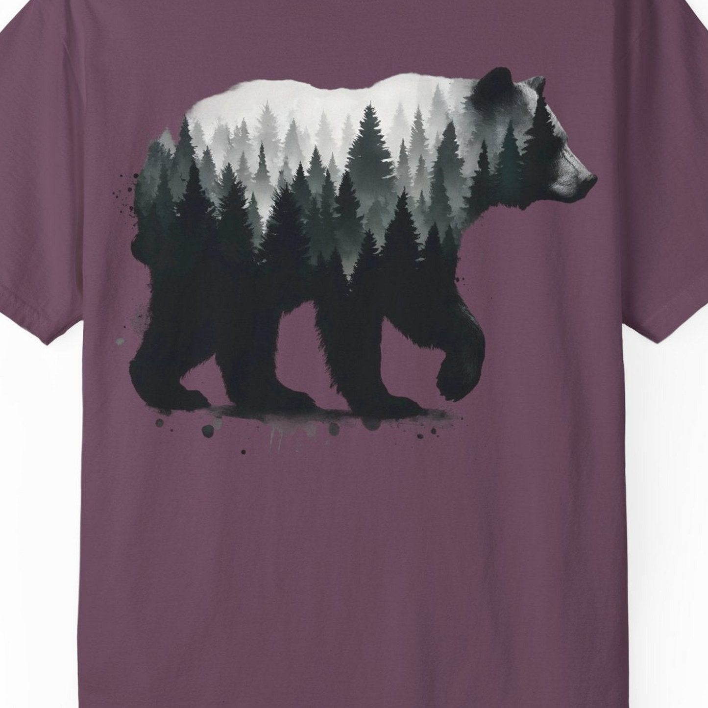 Bear Silhouette Forest Double Exposure Shirt Comfort Colors T-Shirt – Berry – Alaska Cruise Shirts Close Up