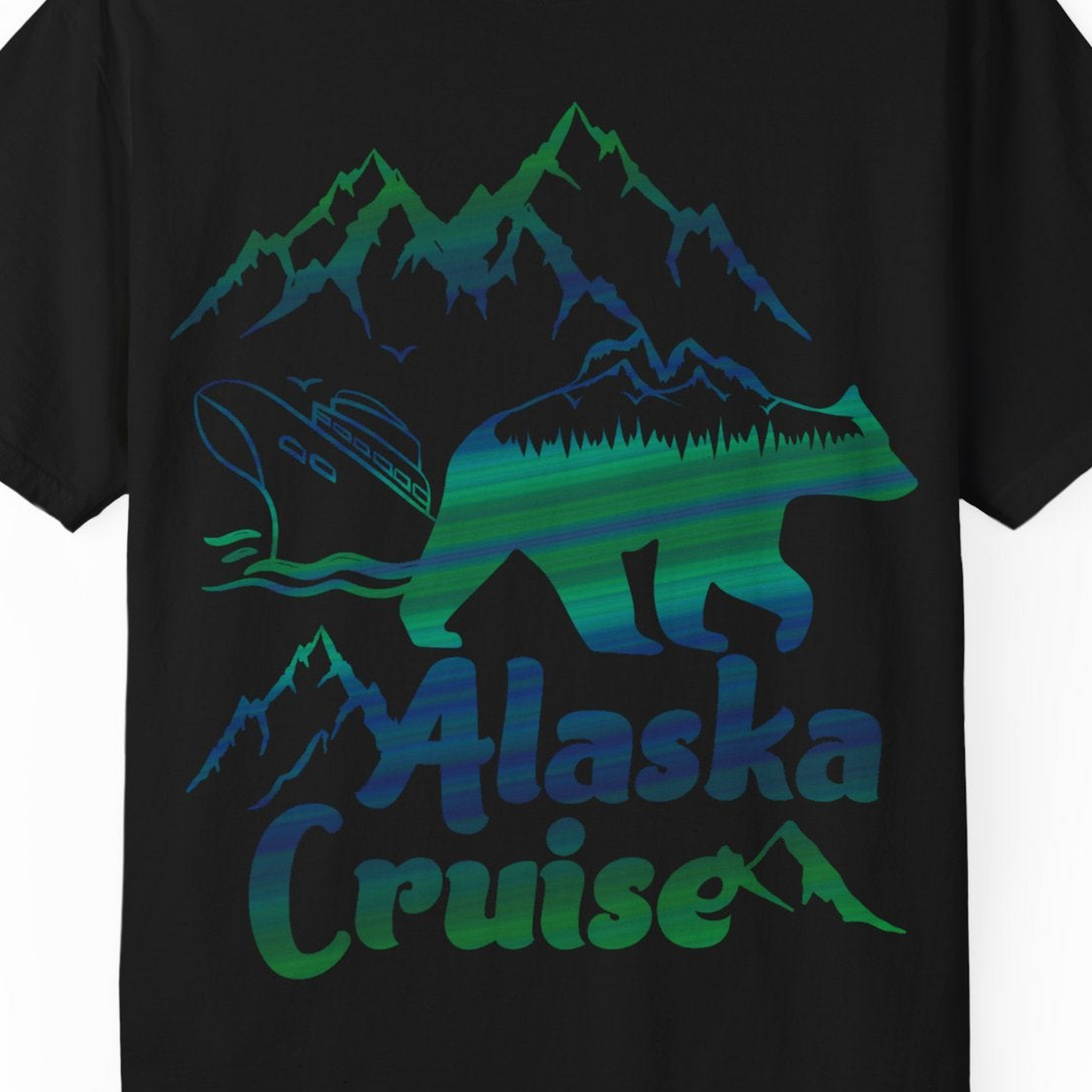 Alaska Cruise Bear Mountains Silhouette Shirt Comfort Colors T-Shirt – Black – Alaska Cruise Shirts Close Up