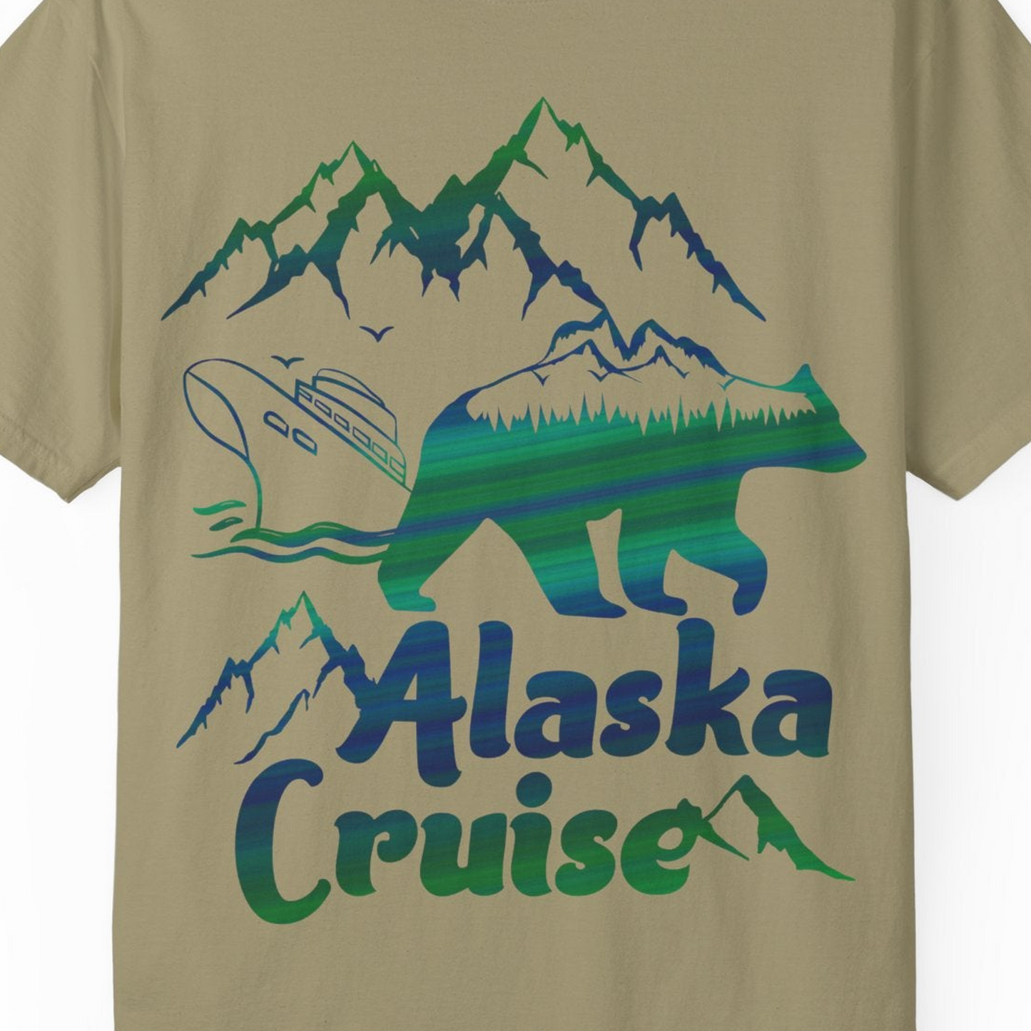 Alaska Cruise Bear Mountains Silhouette Shirt Comfort Colors T-Shirt – Khaki – Alaska Cruise Shirts Close Up