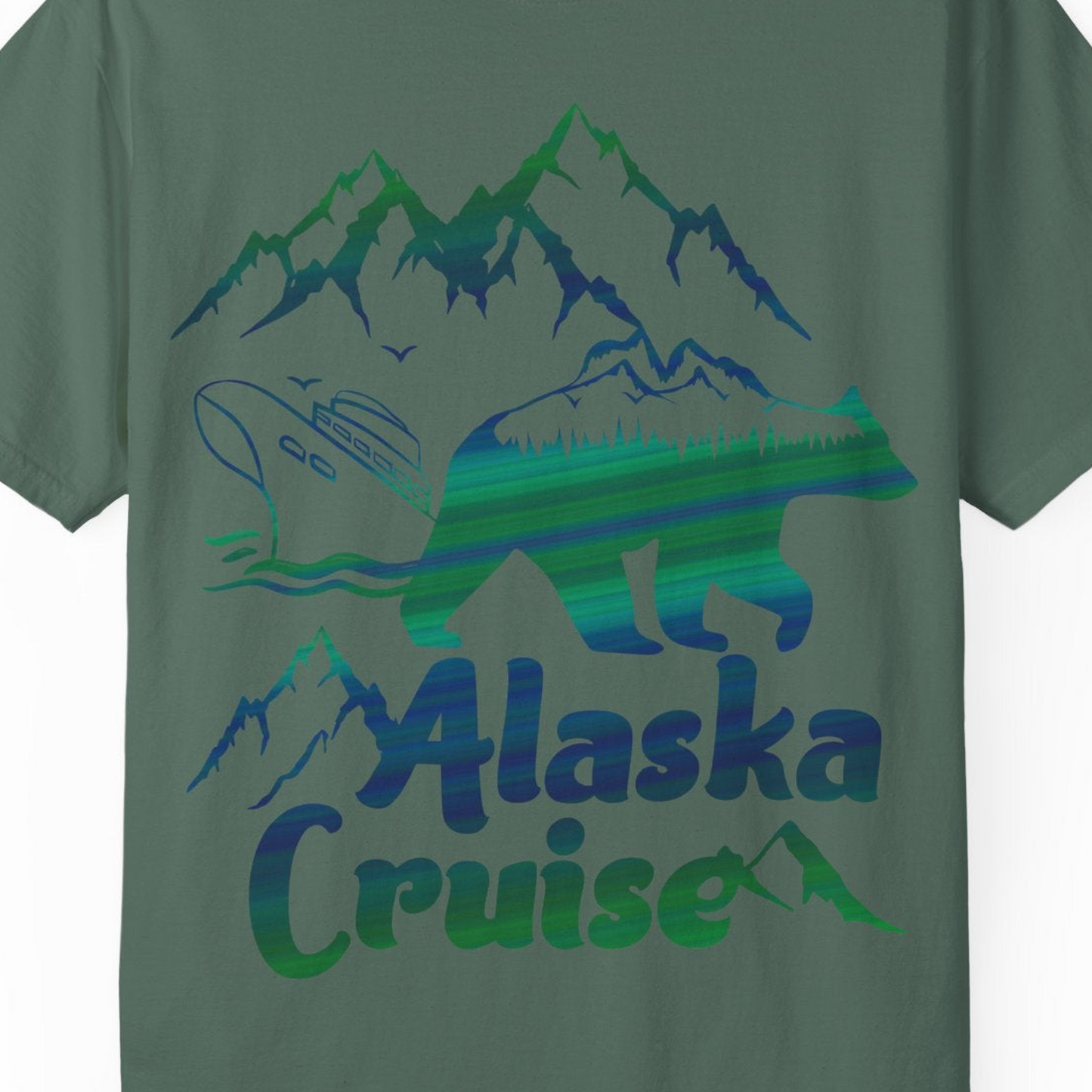 Alaska Cruise Bear Mountains Silhouette Shirt Comfort Colors T-Shirt – Blue Spruce – Alaska Cruise Shirts Close Up