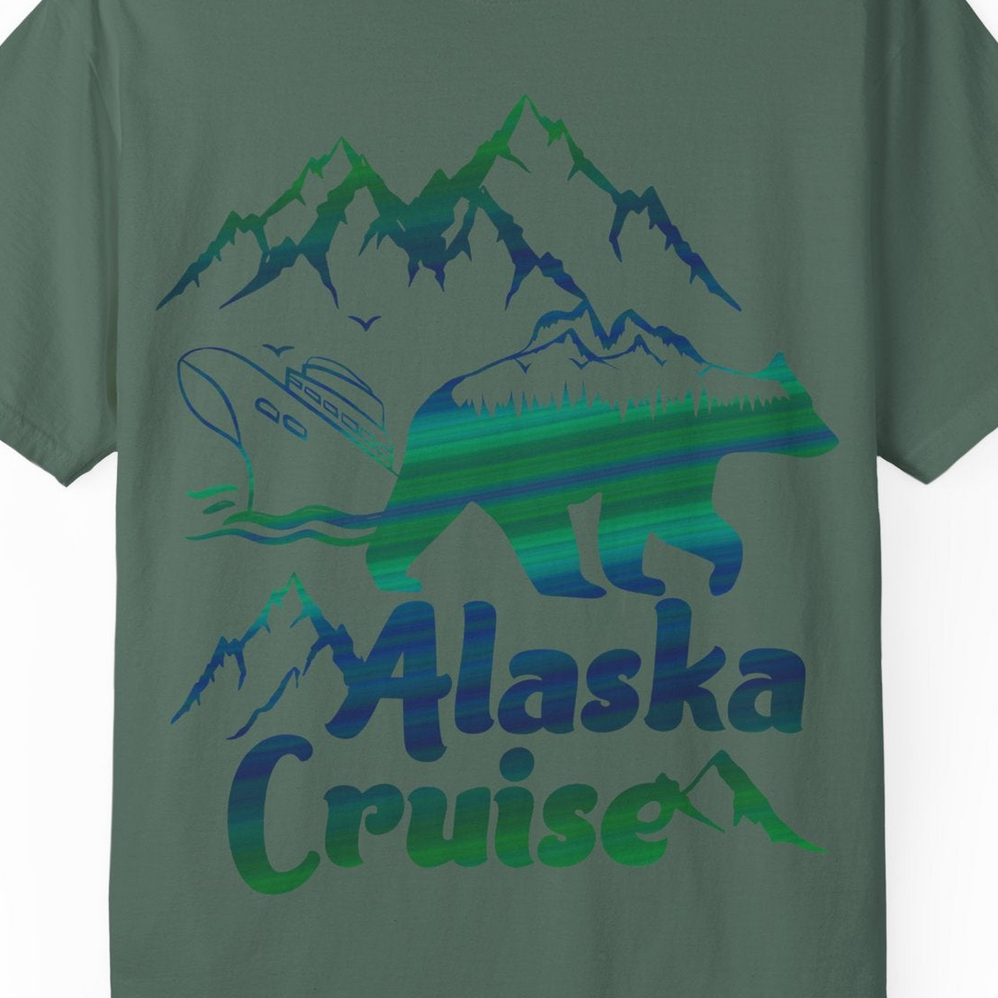 Alaska Cruise Bear Mountains Silhouette Shirt Comfort Colors T-Shirt – Blue Spruce – Alaska Cruise Shirts Close Up