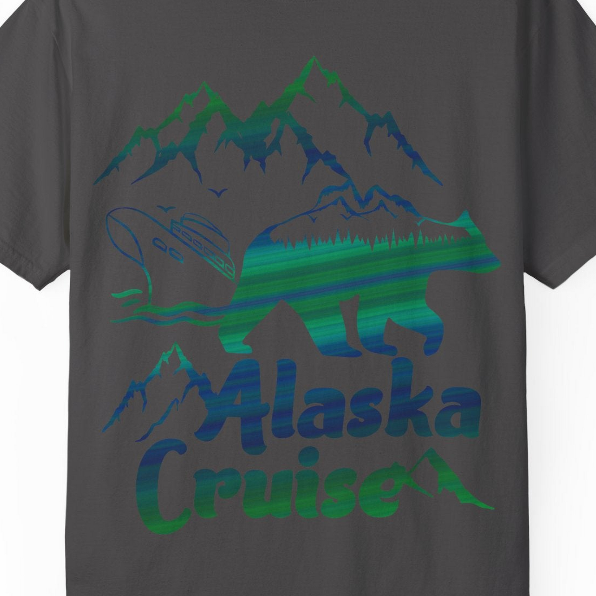 Alaska Cruise Bear Mountains Silhouette Shirt Comfort Colors T-Shirt – Graphite – Alaska Cruise Shirts Close Up